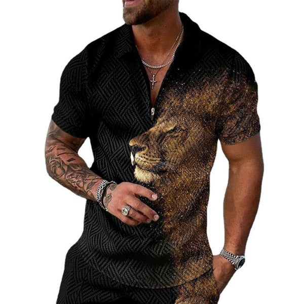 Men's Lion Printed Short Sleeve Polo Shirt 16145939L