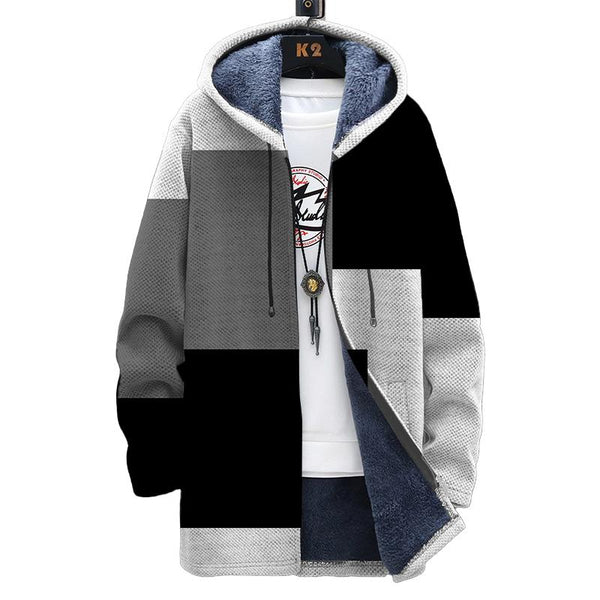 Men's Printed Hooded Two-pocket Plush Thickened Long-sleeved Cardigan Jacket 01350898L