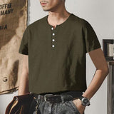 Men's Linen Henley Collar Summer Casual Short-sleeved T-shirt 97222428L