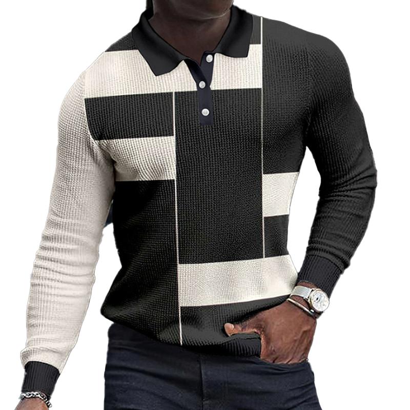 Men's Printed Lapel Button-down Polo Long Sleeve T-shirt 79436707L