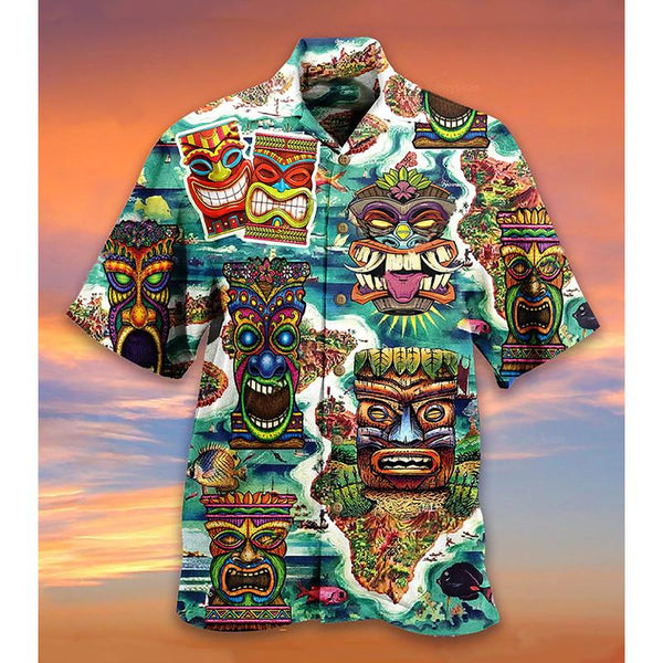 Men's Hawaiian Vacation Tiki Printed Casual Short Sleeve Shirt 94140699L