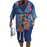 Men's Meowica Patriotic Cat American Flag Short Sleeve Shorts Textured Set 33882125L