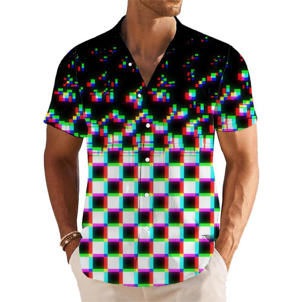Men's Linen Stand Collar Mosaic Print Casual Short Sleeve Shirt 48854371L