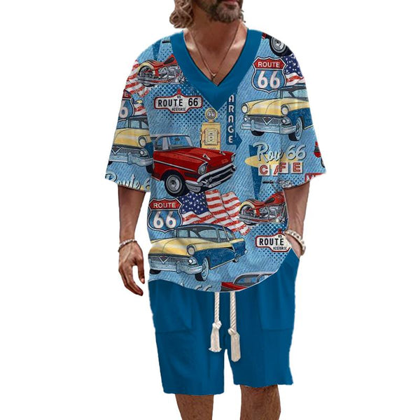 Men's Vintage Cars Route 66 Art Casual Printed Short Sleeve Set 05688744L