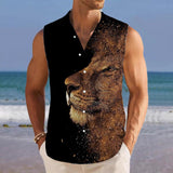 Lion Printed Stand Collar Sleeveless Shirt 84353868L