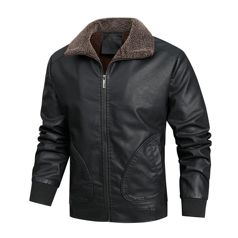Men's Lapel Collar Fleece Warm Leather Jacket 33447909L