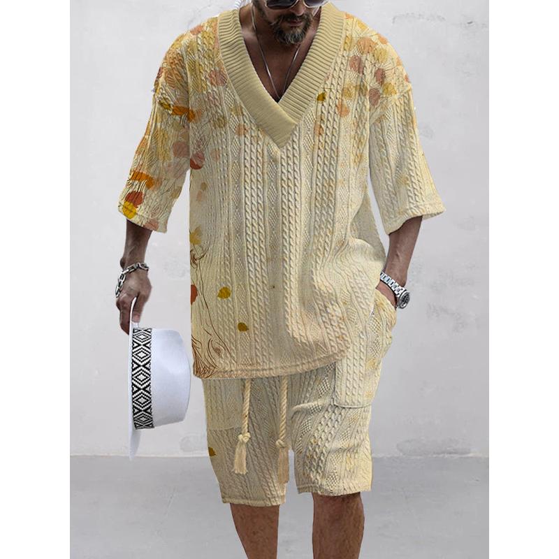 Men's Printed Short Sleeve Shorts Textured Set 68752252L