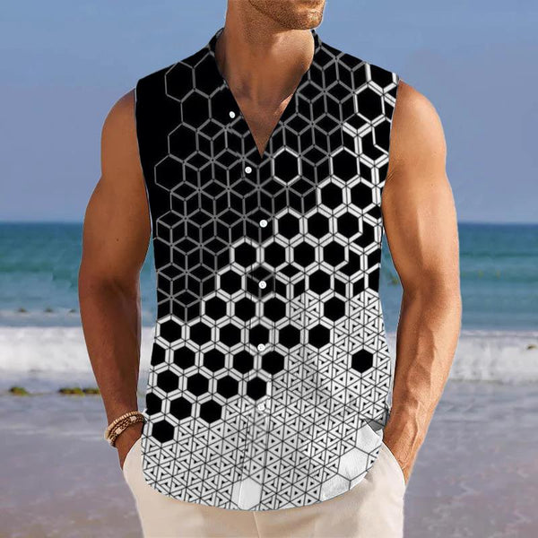 Geometric Figures Printed Stand Collar Sleeveless Shirt 97688945L