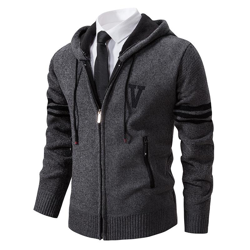 Men's Knitted Cardigan Plus Fleece Thick Hooded Sweater 28485515L