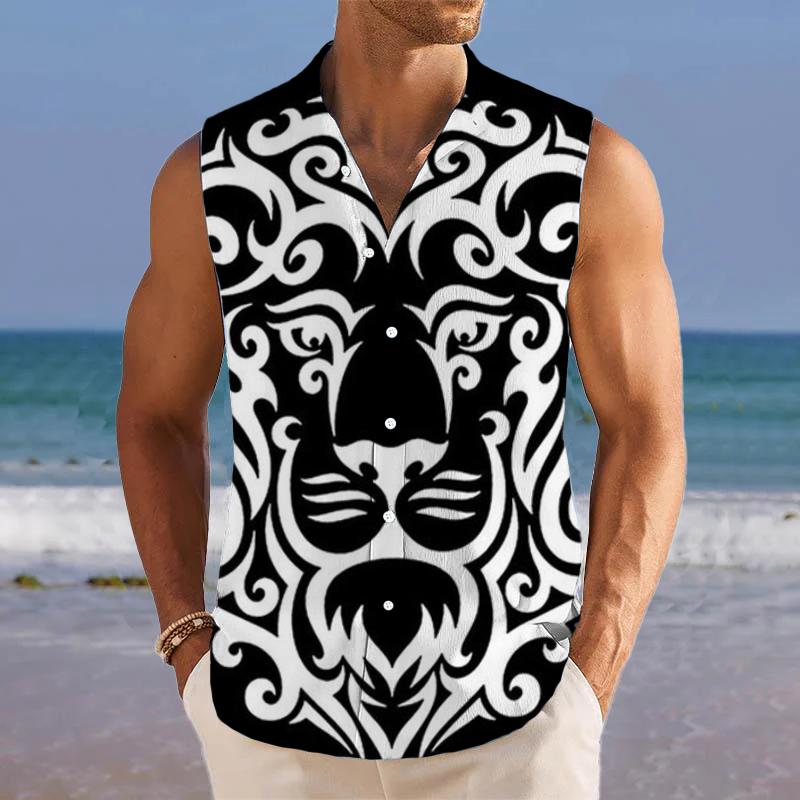 Lion Printed Stand Collar Sleeveless Shirt Tank Top 82343390L