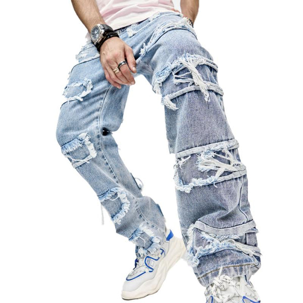 Men's Retro Casual Jeans Tassel Raw Edge Wide Leg Pants 24018641L
