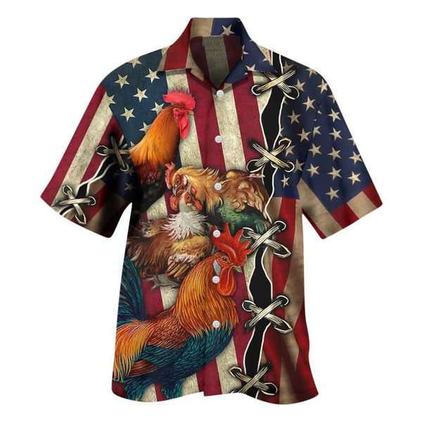 Men's Hawaiian Vacation American Flag Patriotic Rooster Printed Casual Short Sleeve Shirt 21592509L