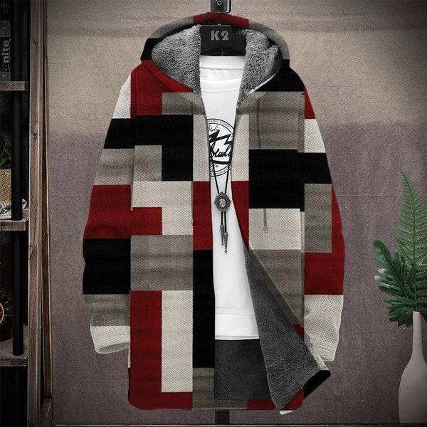 Men's Printed Hooded Two-Pocket Plush Thickened Long-Sleeved Cardigan Jacket 81869488L