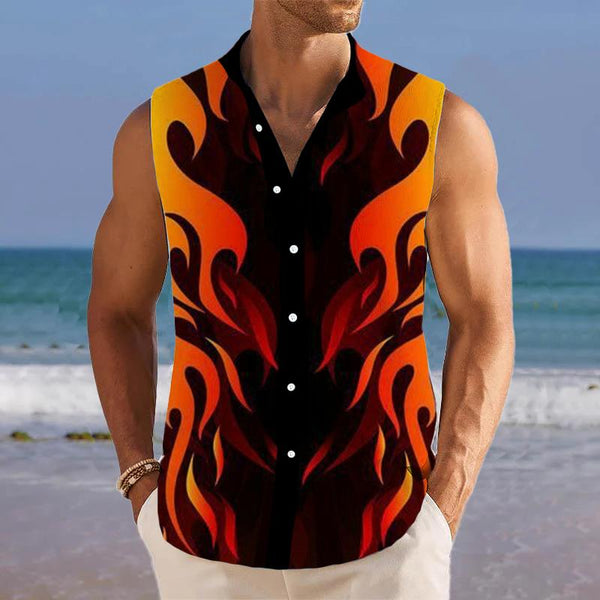 Flame Printed Stand Collar Sleeveless Shirt 44815822L