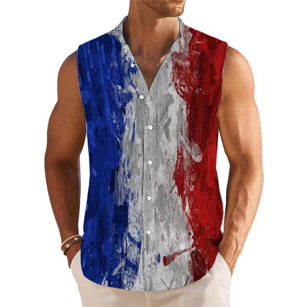American Flag Printed Stand Collar Sleeveless Shirt 56849907L