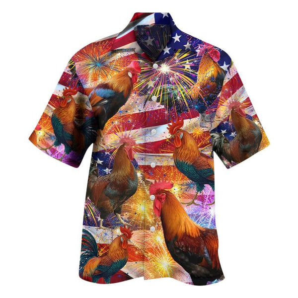 Men's Hawaiian Vacation American Flag Patriotic Rooster Printed Casual Short Sleeve Shirt 18021736L