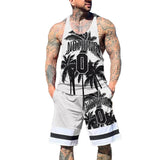 Men's Coconut Tree Printed Sports Casual Tank Shorts Set 20648040L