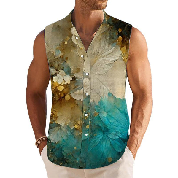 Flower Printed Stand Collar Sleeveless Shirt Tank Top 88231115L