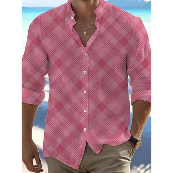 Men's Pink Plaid Hawaii Vacation Stand Collar Casual Long Sleeve Shirt 56209605L