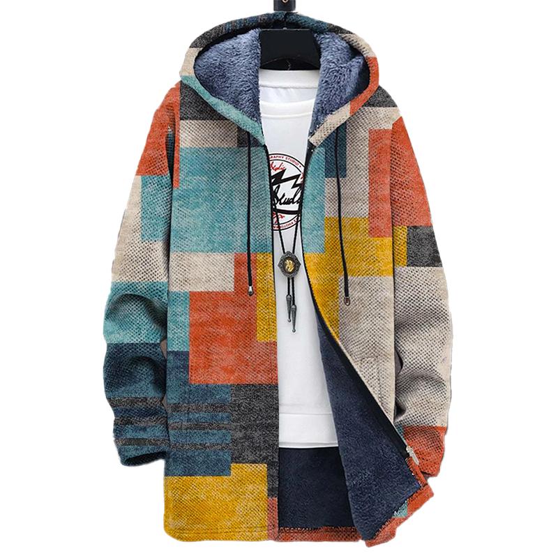 Men's Printed Hooded Two-Pocket Plush Thickened Long-Sleeved Cardigan Jacket 66447583L