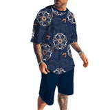 Men's Ethnic Flower Casual Comfortable Round Neck Short-sleeved T-shirt Set 00479600L