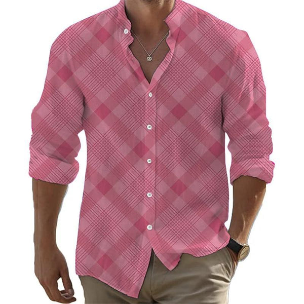 Men's Pink Plaid Hawaii Vacation Stand Collar Casual Long Sleeve Shirt 56209605L