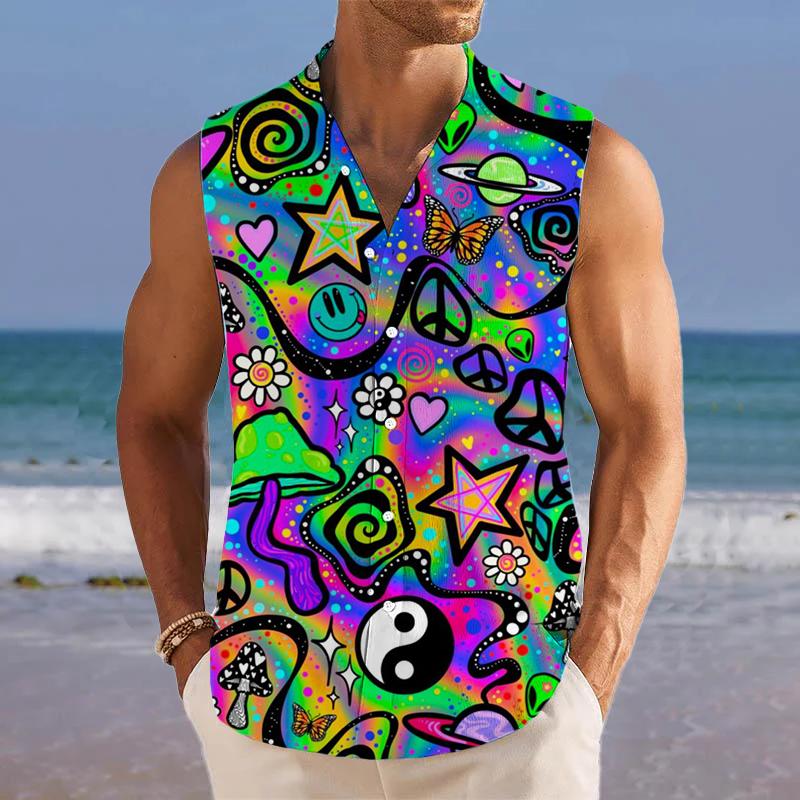 Rainbow Mushroom Printed Stand Collar Sleeveless Shirt Tank Top 74349364L