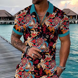 Men's Floral Print Zipper Short Sleeve Polo Shirt 10089104L