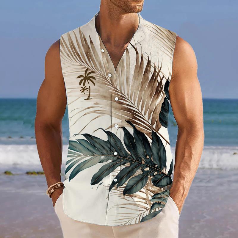 Palm Tree Printed Stand Collar Sleeveless Shirt Tank Top 56558830L