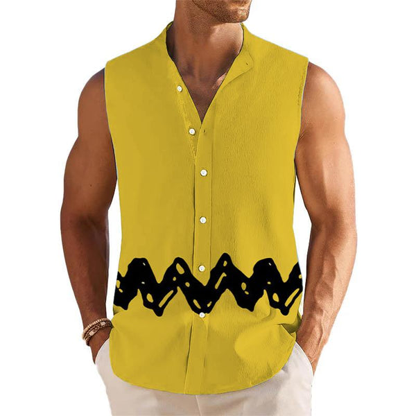 Simple Line Printed Stand Collar Sleeveless Shirt 01221432L
