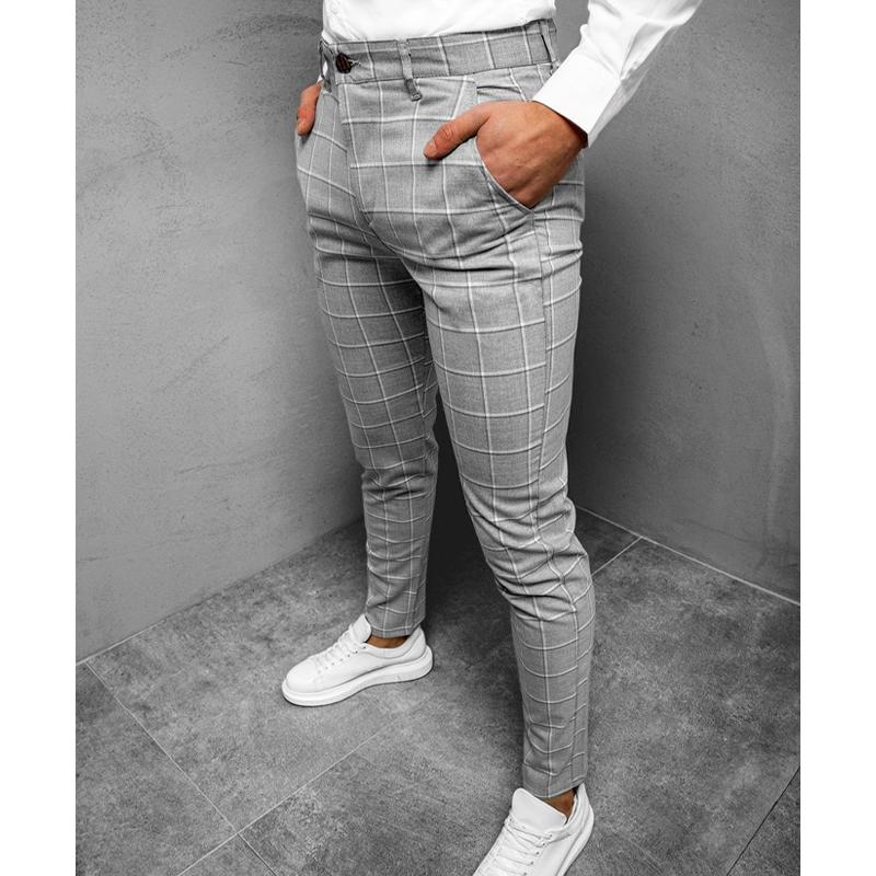 Men's Plaid Casual Micro Elastic Mid-Waist Trousers 84448938L