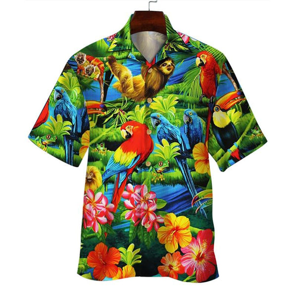 Men's Parrot Printed Hawaii Vacation Casual Short Sleeve Shirt 07987489L