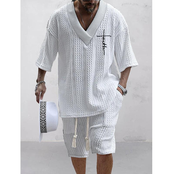 Men's Printed Short Sleeve Shorts Textured Set 69824343L