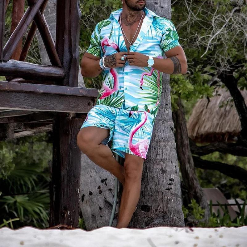 Men's Printed Short Sleeve Lapel Shirt Beach Suit 85115778L