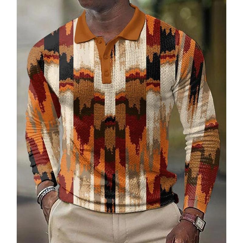 Men's Printed Lapel Button-Down Polo Long Sleeve T-Shirt 08078270L