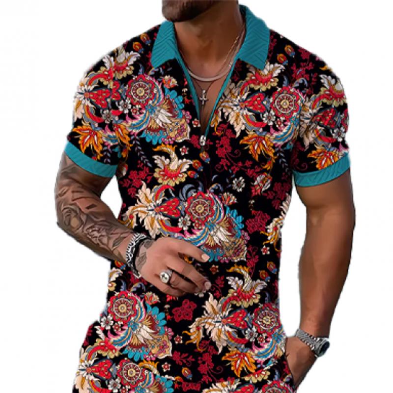 Men's Floral Print Zipper Short Sleeve Polo Shirt 10089104L