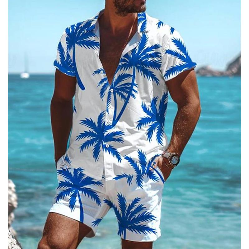 Men's Coconut Tree Print Hawaiian Resort Short Sleeve Shirt Set 32330687L