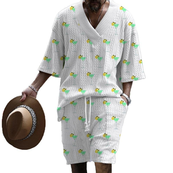 Men's Cup Printed Vacation Style Short Sleeve Shorts Textured Set 47883360L