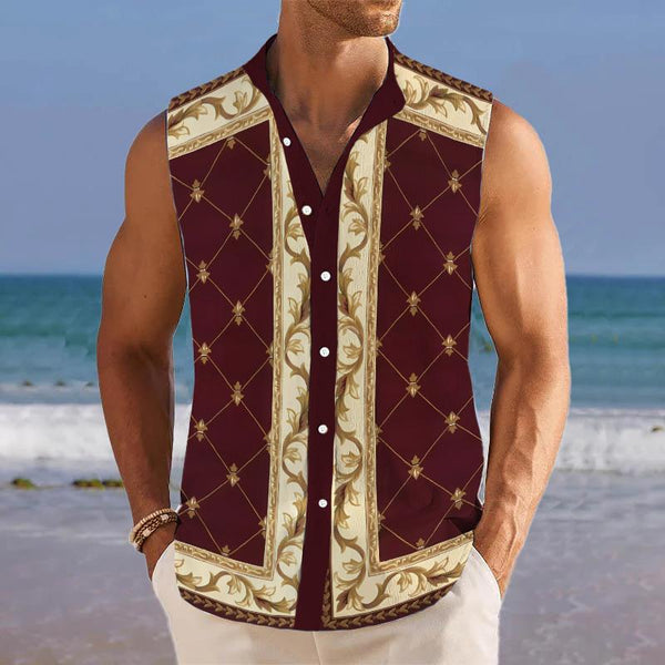 Baroque Greek Printed Stand Collar Sleeveless Shirt 82451578L