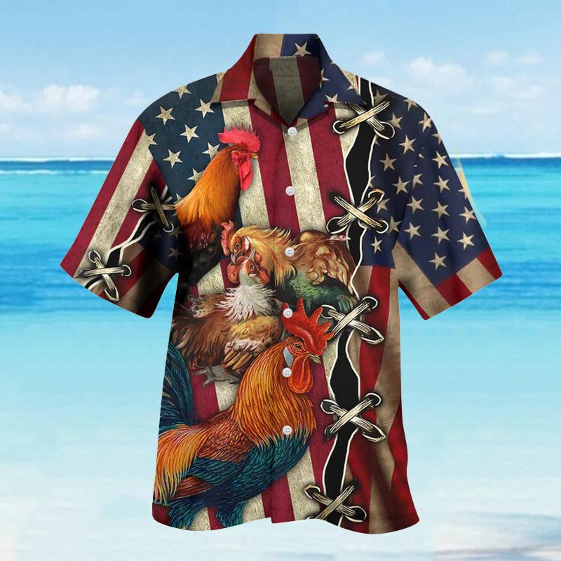 Men's Hawaiian Vacation American Flag Patriotic Rooster Printed Casual Short Sleeve Shirt 21592509L
