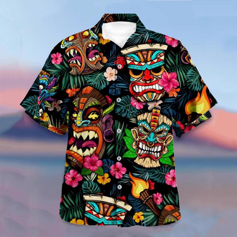Men's Hawaiian Vacation Tiki Printed Casual Short Sleeve Shirt 05802186L