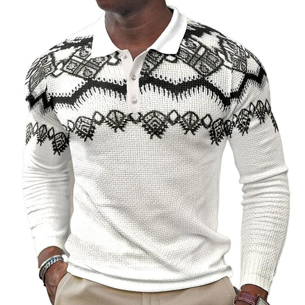 Men's Printed Lapel Button-down Polo Long Sleeve T-shirt 35818892L