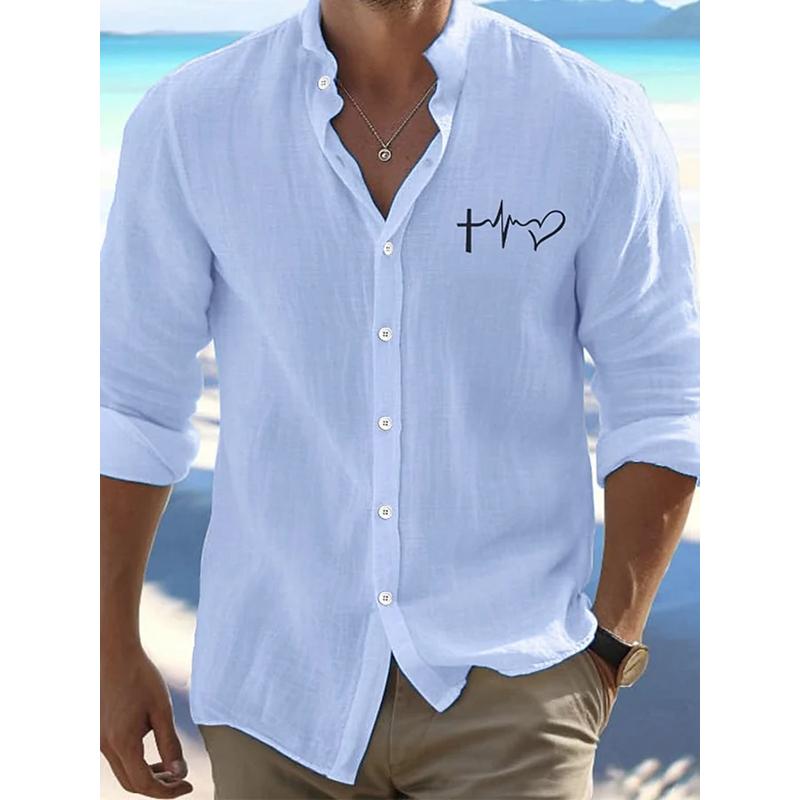 Men's Day Heart Printed Fashionable and Casual Long Sleeve Shirt 40830267L