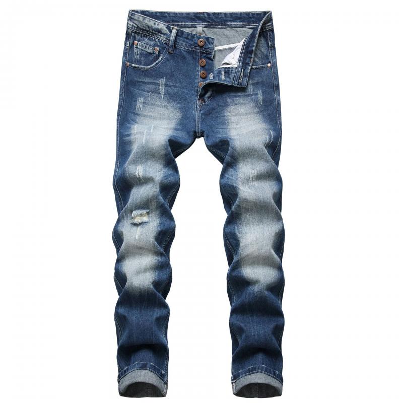 Men's Straight-leg Slim-fit Ripped Cotton Button-down Denim Trousers 12059426L