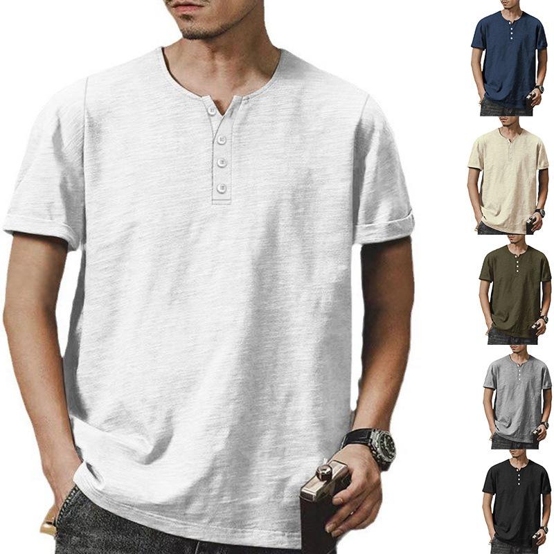 Men's Linen Henley Collar Summer Casual Short-sleeved T-shirt 97222428L