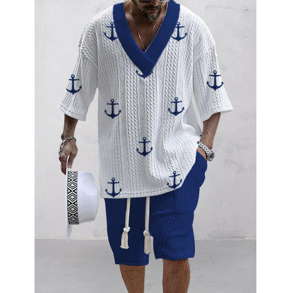 Men's Anchor Navigation Printed Short Sleeve Shorts Textured Set 85823807L