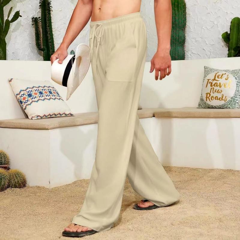 Men's Casual Linen Pants Elastic Waist Drawstring Summer Long Beach Pants Lightweight Pants With Pockets 35903554L