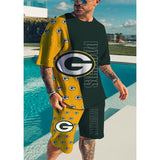 Men's Casual NFL Printed Short Sleeve T-Shirt Shorts Football Team Set 05011949L