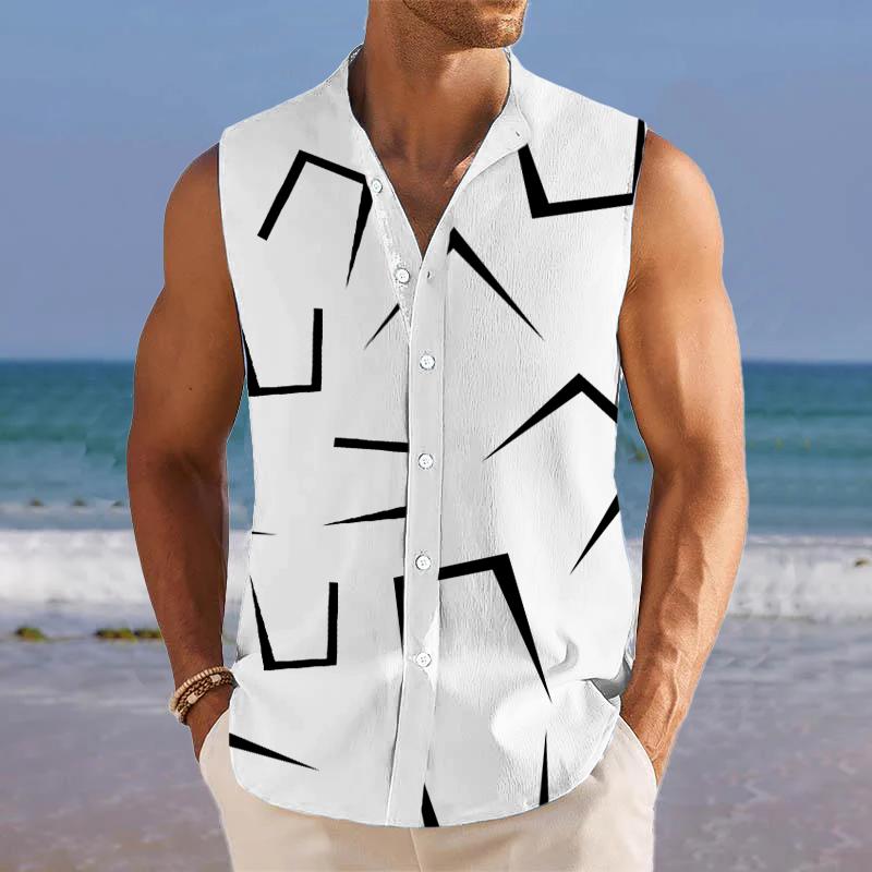Simple Line Printed Stand Collar Sleeveless Shirt 51832971L