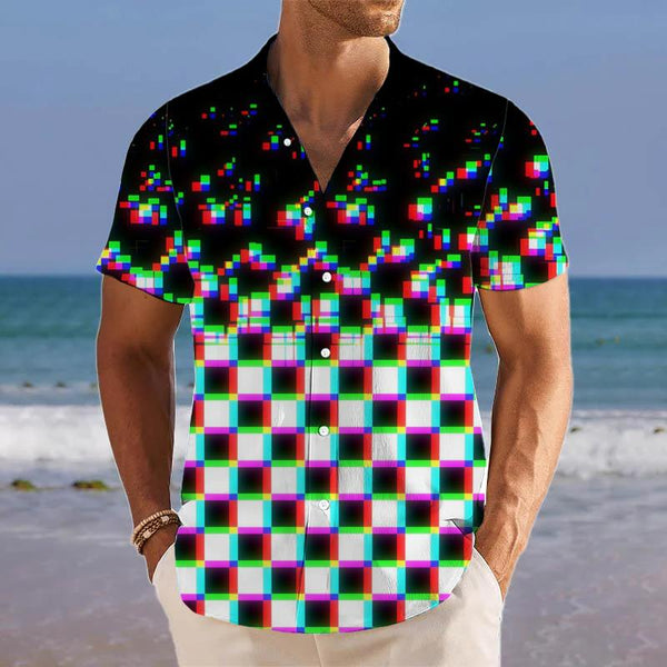 Men's Linen Stand Collar Mosaic Print Casual Short Sleeve Shirt 48854371L